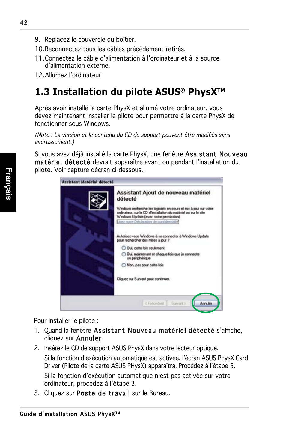 3 installation du pilote asus, Physx, Français | Asus PhysX P1 User Manual | Page 44 / 120