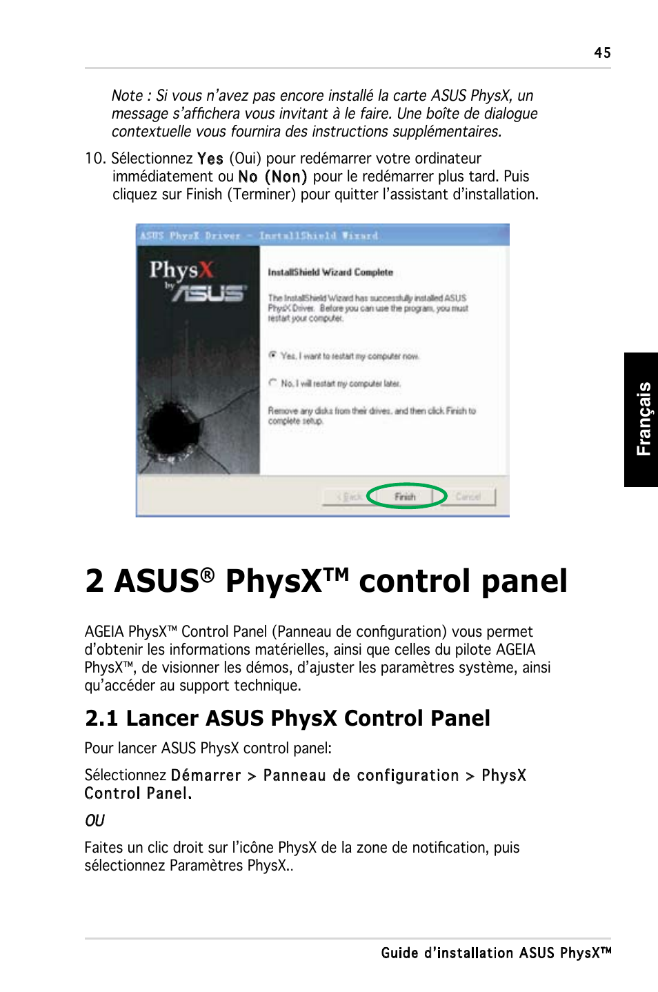 2 asus, Physx, Control panel | 1 lancer asus physx control panel | Asus PhysX P1 User Manual | Page 47 / 120