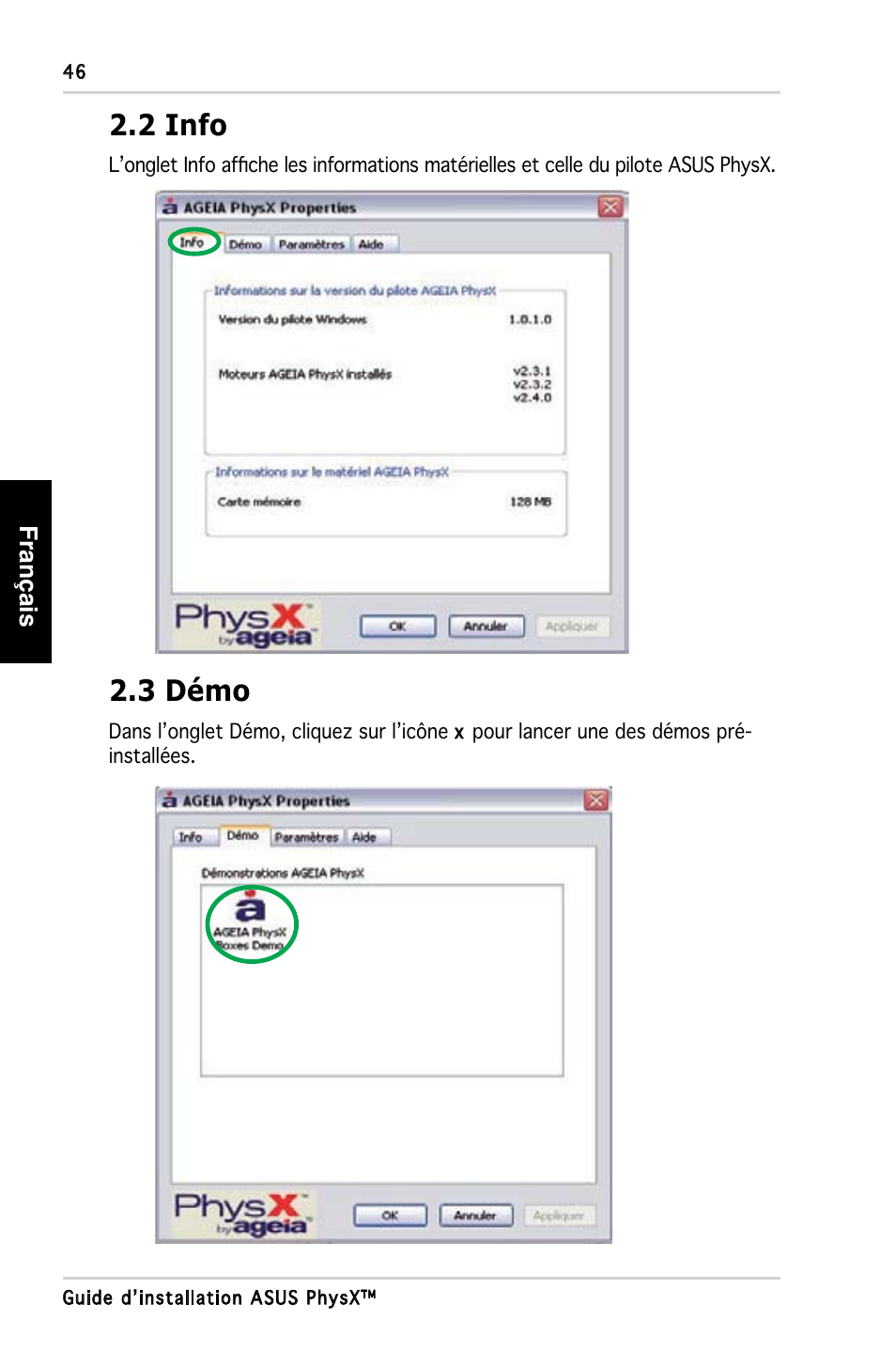 2 info, 3 démo, Français | Asus PhysX P1 User Manual | Page 48 / 120