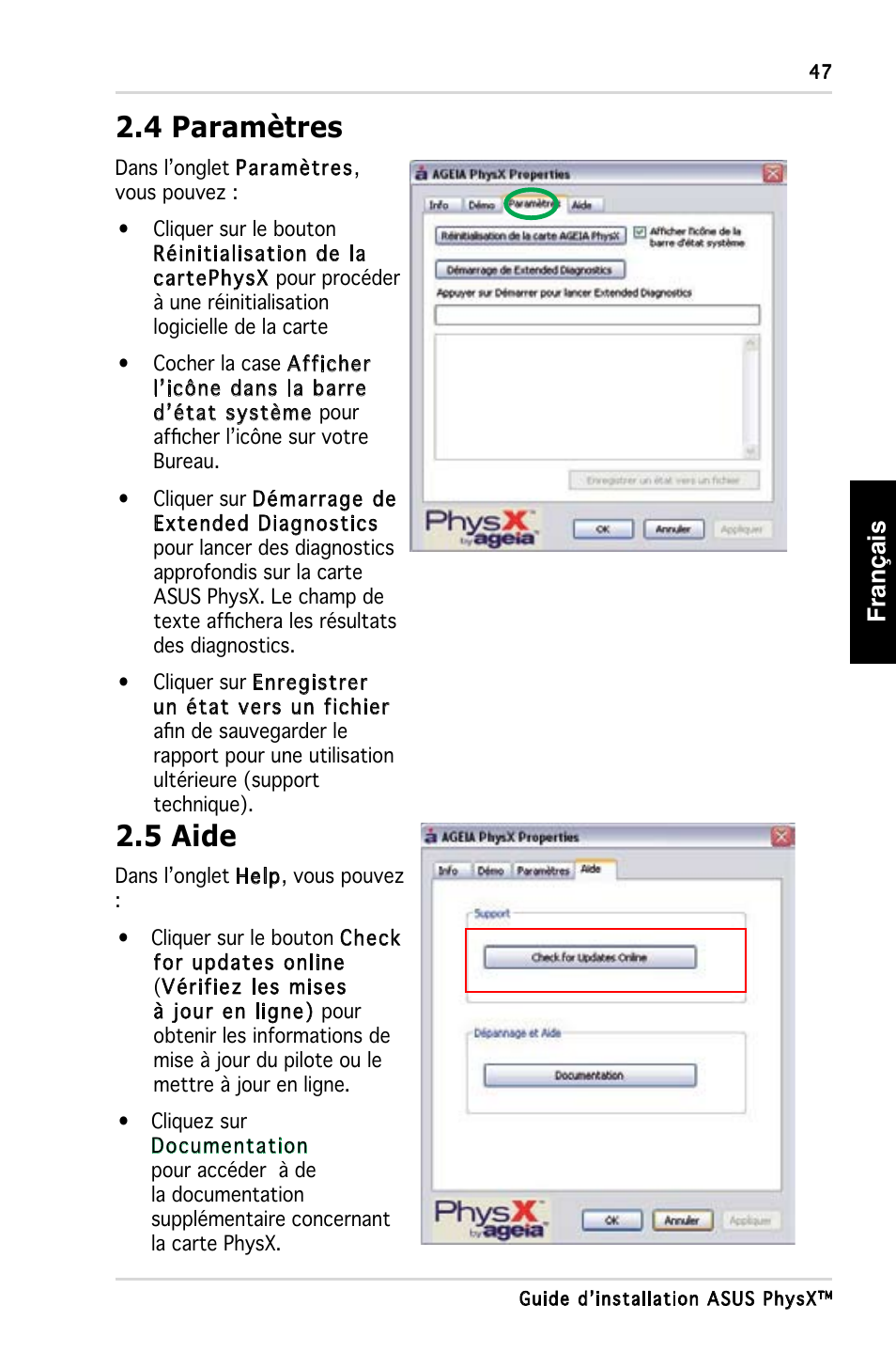 5 aide, 4 paramètres, Français | Asus PhysX P1 User Manual | Page 49 / 120