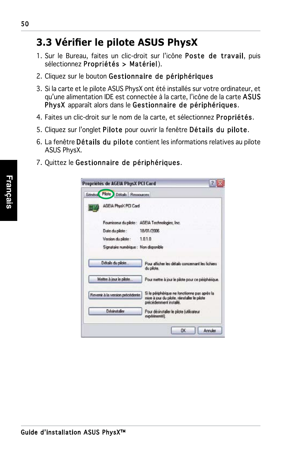 3 vérifier le pilote asus physx, Français | Asus PhysX P1 User Manual | Page 52 / 120