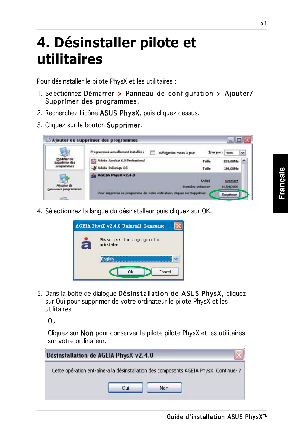 Désinstaller pilote et utilitaires | Asus PhysX P1 User Manual | Page 53 / 120