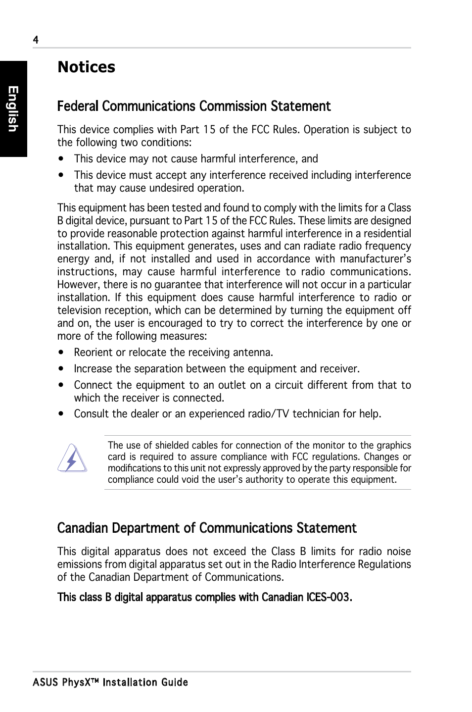Notices, English, Federal communications commission statement | Canadian department of communications statement | Asus PhysX P1 User Manual | Page 6 / 120