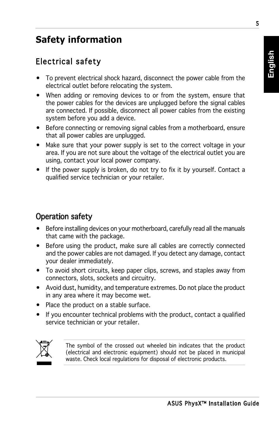 Safety information, English, Electrical safety | Operation safety | Asus PhysX P1 User Manual | Page 7 / 120