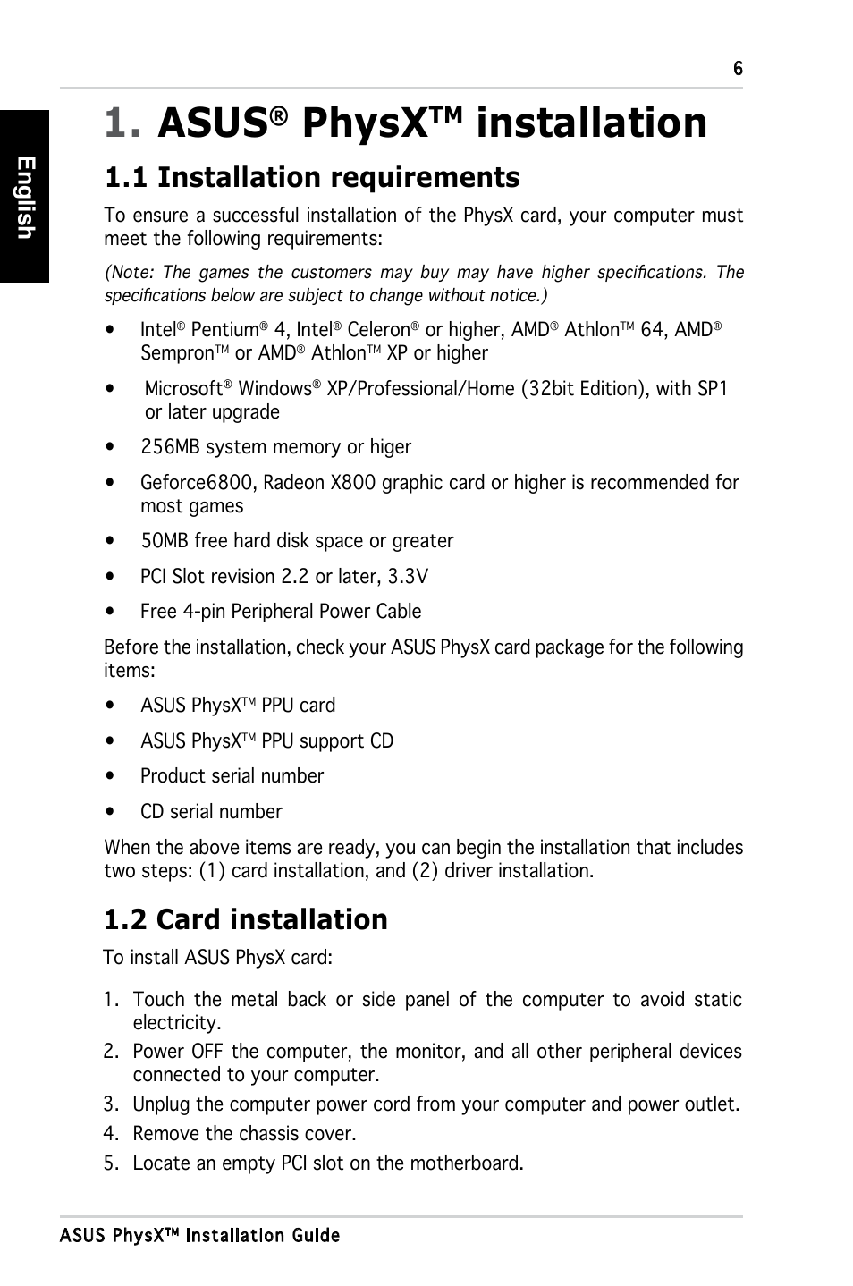 Asus, Physx, Installation | 1 installation requirements, 2 card installation, English | Asus PhysX P1 User Manual | Page 8 / 120