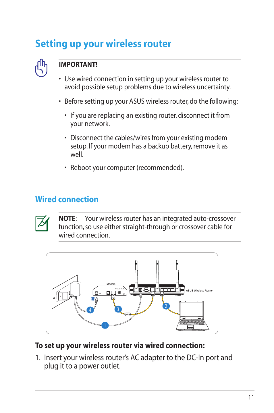 Setting up your wireless router, Wired connection | Asus RT-N16 User Manual | Page 11 / 69