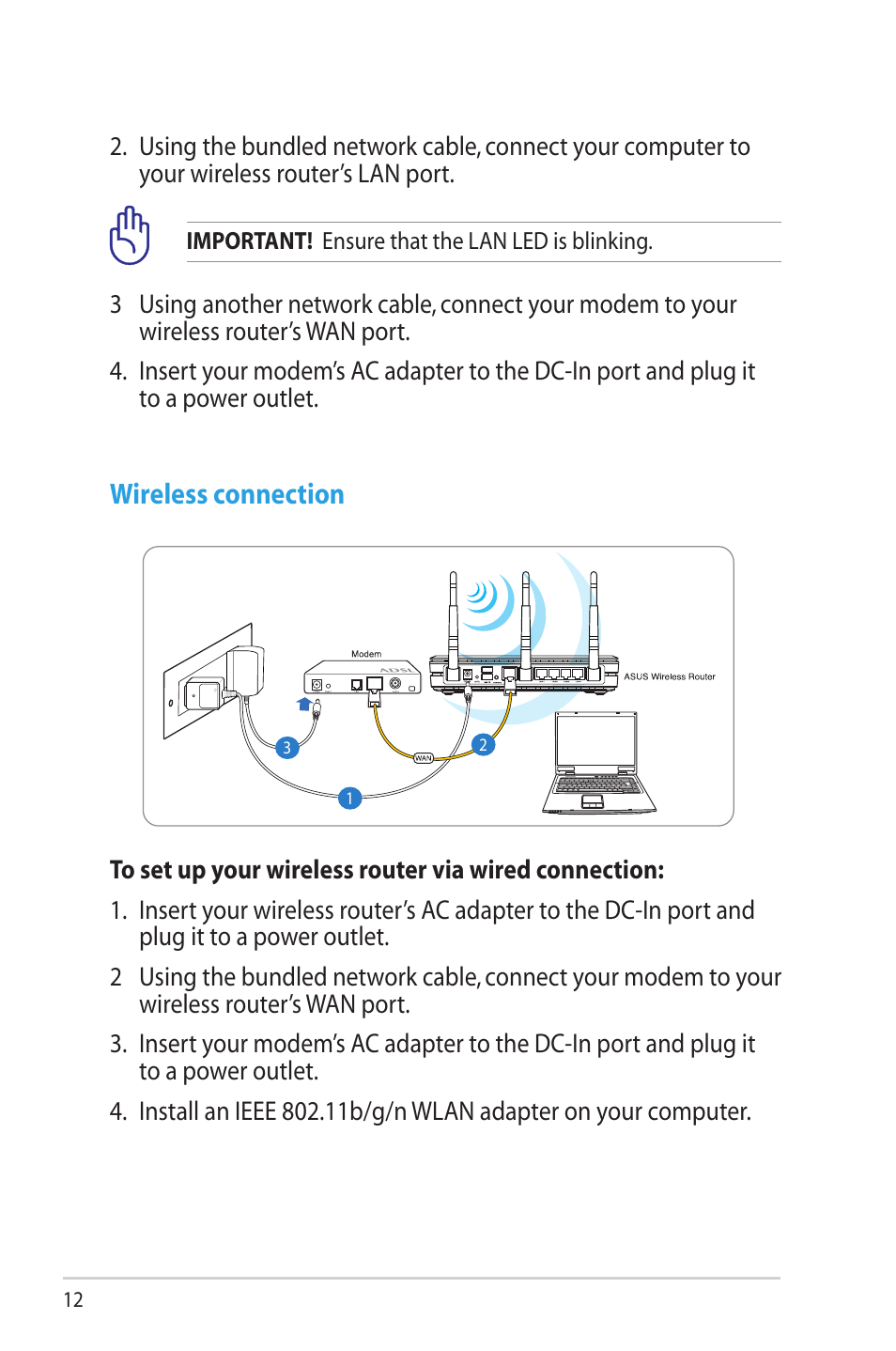 Wireless connection | Asus RT-N16 User Manual | Page 12 / 69