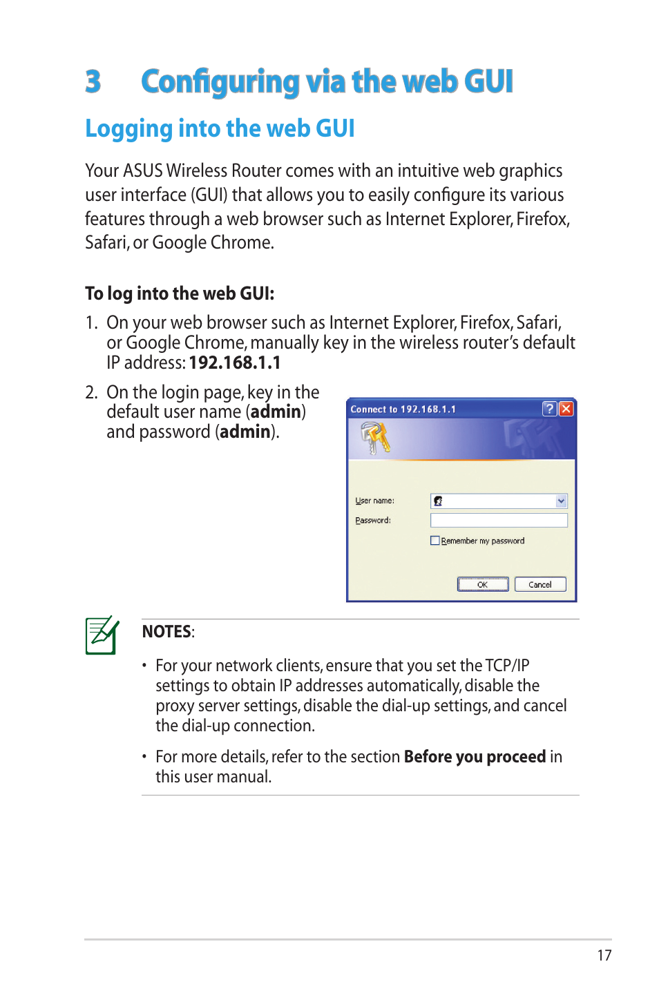 3 configuring via the web gui, Logging into the web gui, 3 configuring via the web gui | Asus RT-N16 User Manual | Page 17 / 69