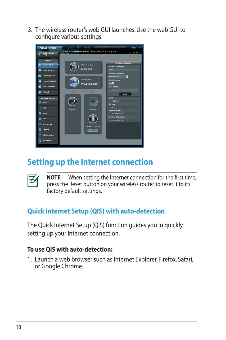 Setting up the internet connection, Quick internet setup (qis) with auto-detection | Asus RT-N16 User Manual | Page 18 / 69