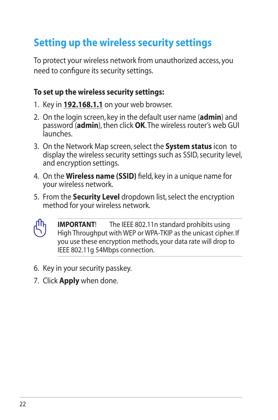 Setting up the wireless security settings | Asus RT-N16 User Manual | Page 22 / 69