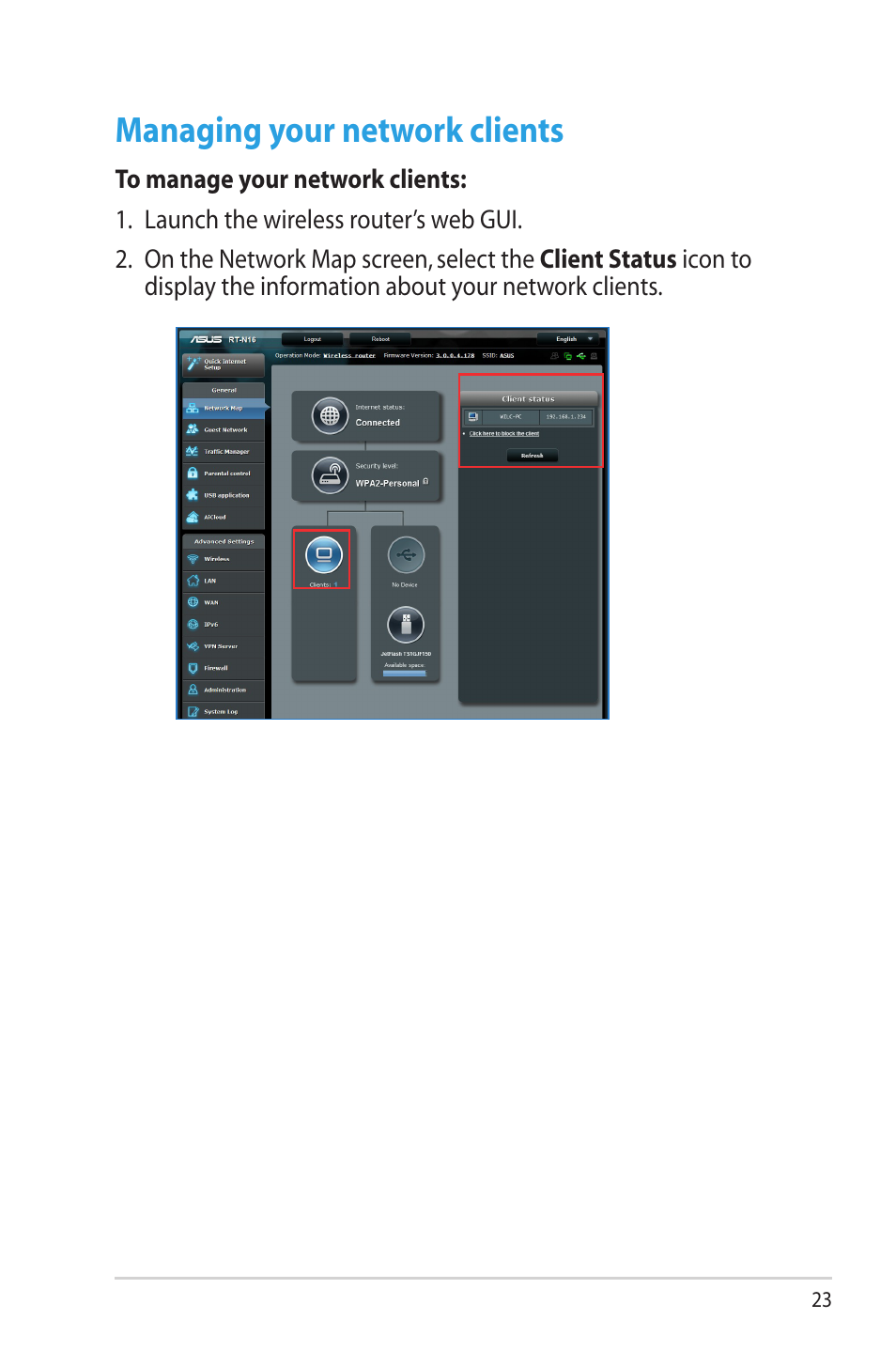 Managing your network clients | Asus RT-N16 User Manual | Page 23 / 69