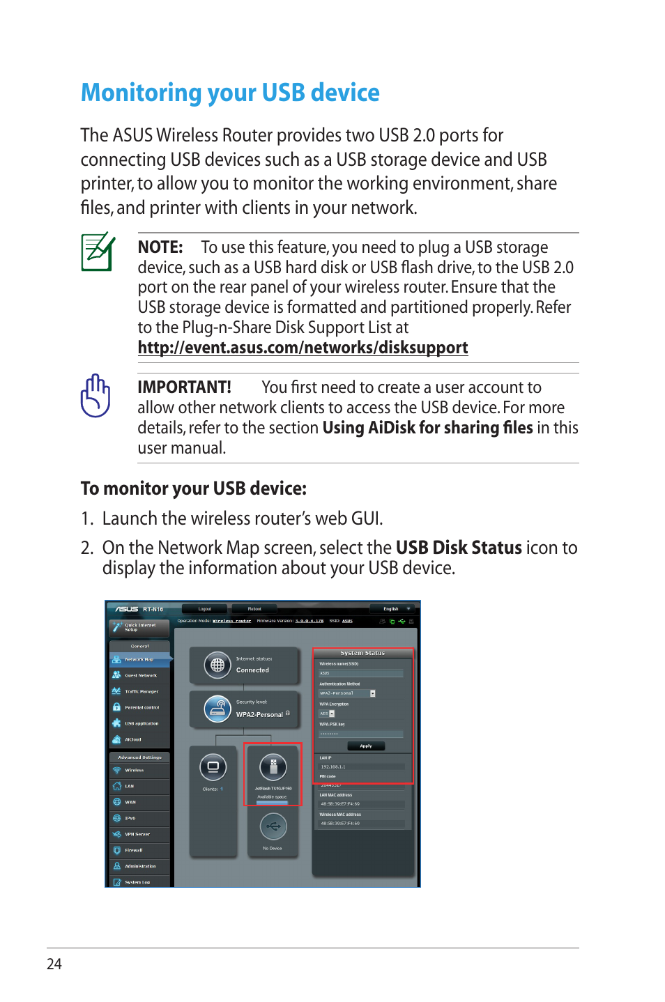 Monitoring your usb device | Asus RT-N16 User Manual | Page 24 / 69