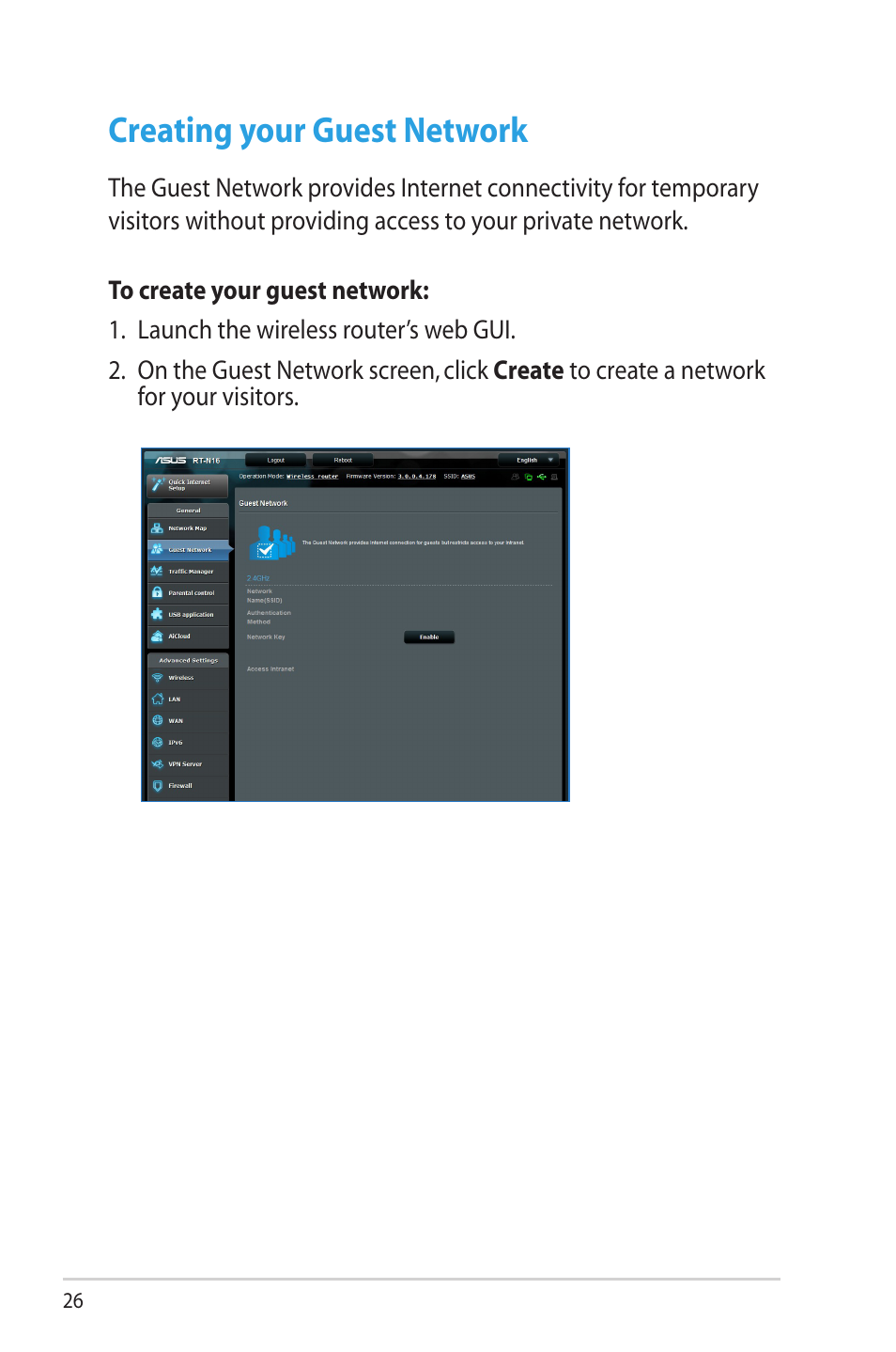 Creating your guest network | Asus RT-N16 User Manual | Page 26 / 69