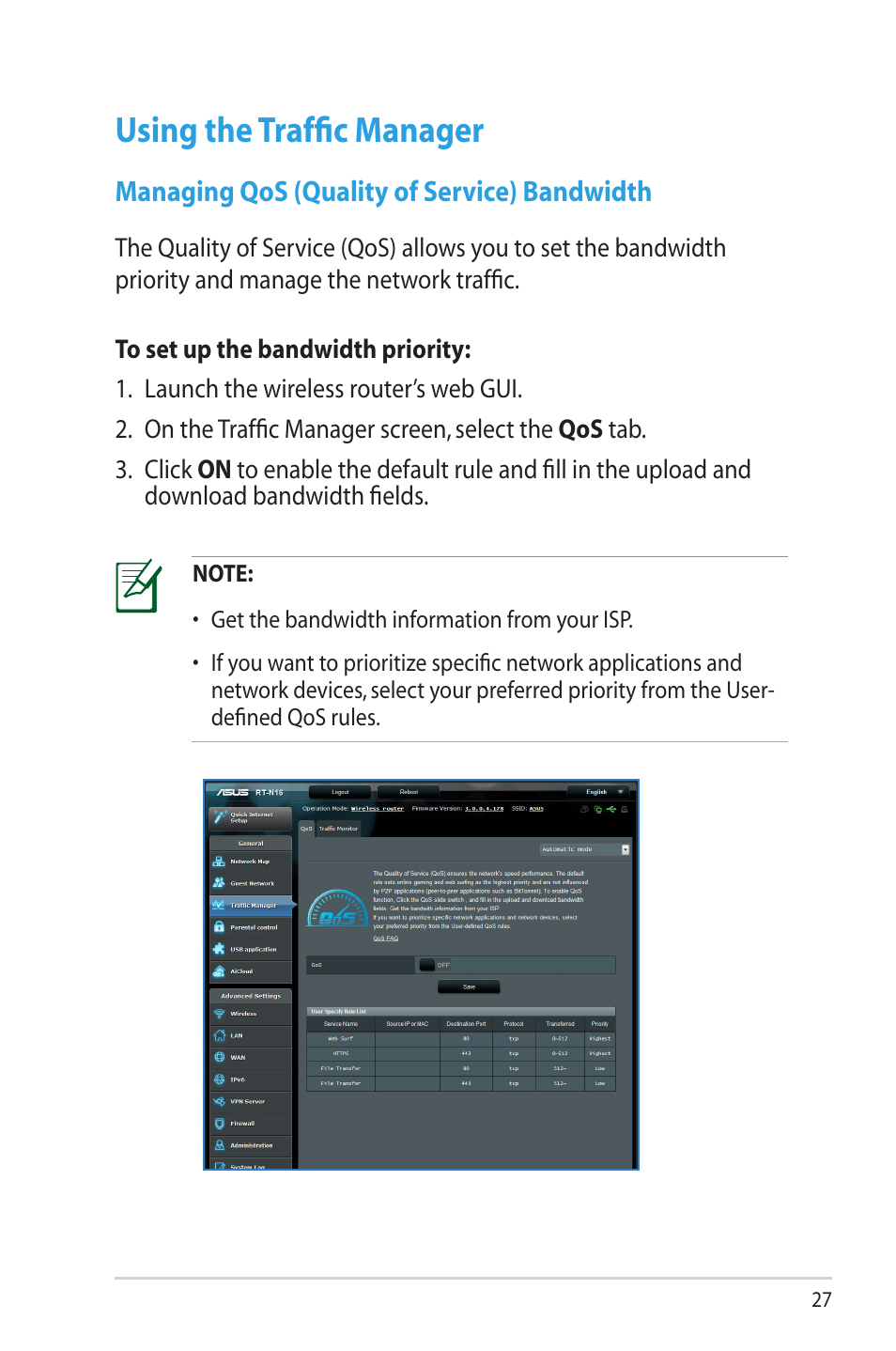 Using the traffic manager, Managing qos (quality of service) bandwidth | Asus RT-N16 User Manual | Page 27 / 69