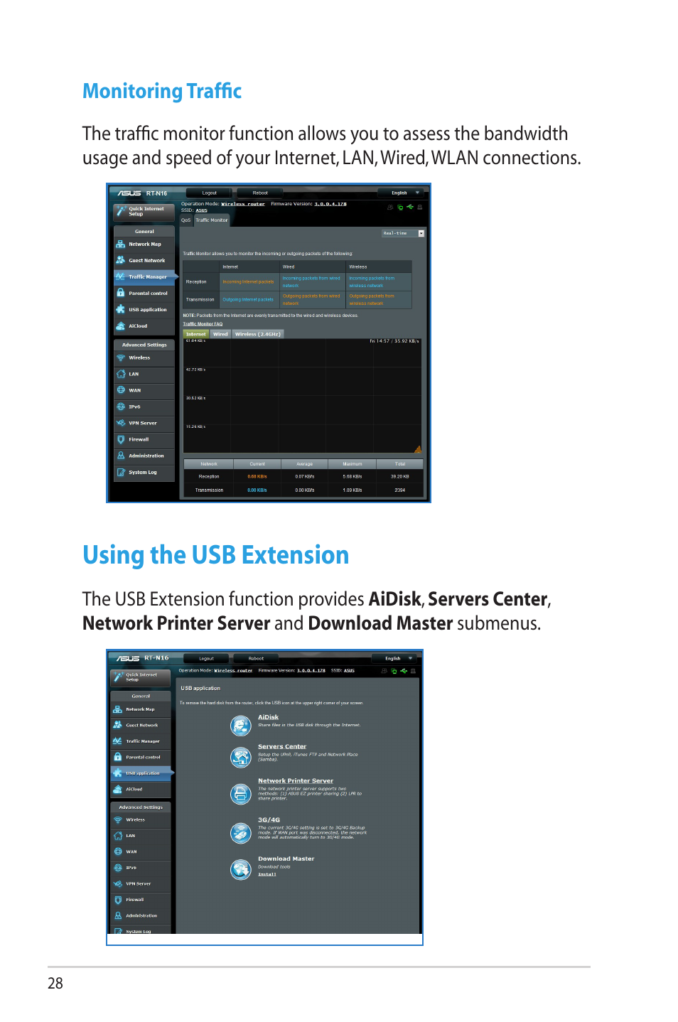 Monitoring traffic, Using the usb extension | Asus RT-N16 User Manual | Page 28 / 69