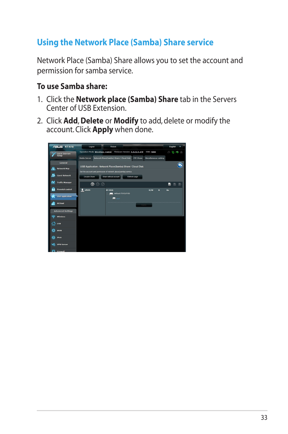 Using the network place (samba) share service | Asus RT-N16 User Manual | Page 33 / 69