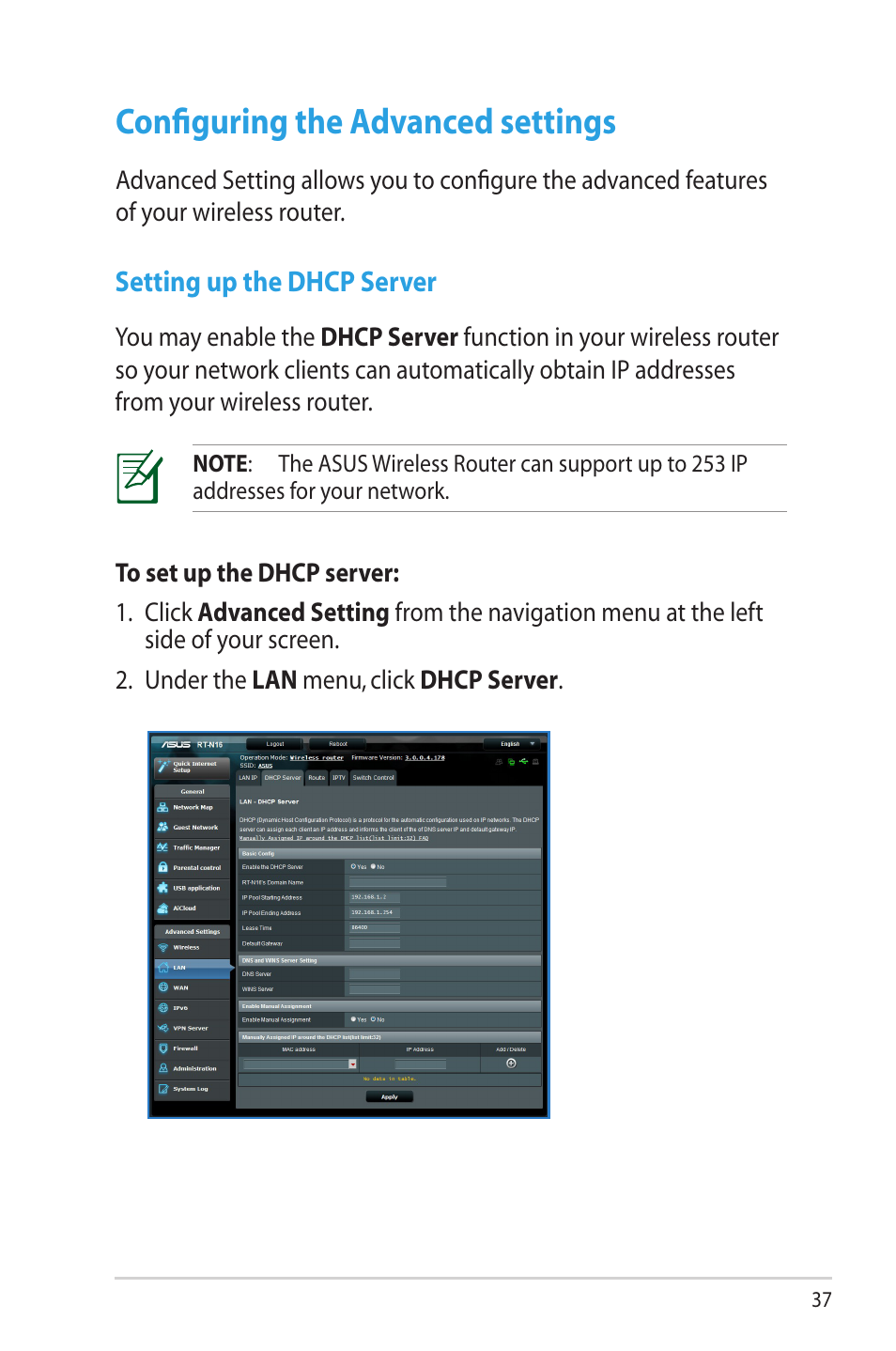 Configuring the advanced settings, Setting up the dhcp server | Asus RT-N16 User Manual | Page 37 / 69