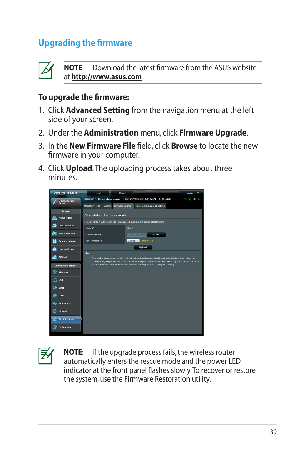 Upgrading the firmware | Asus RT-N16 User Manual | Page 39 / 69