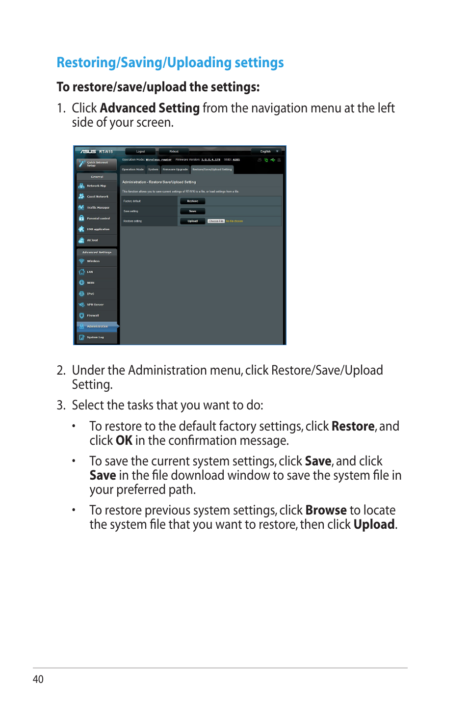 Restoring/saving/uploading settings | Asus RT-N16 User Manual | Page 40 / 69
