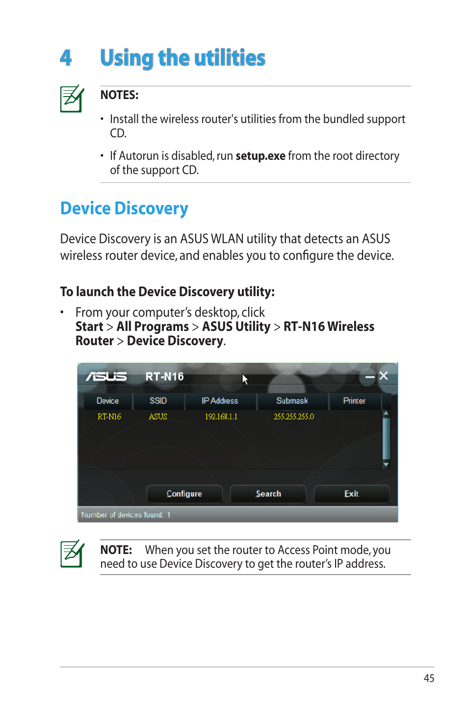 4 using the utilities, Device discovery | Asus RT-N16 User Manual | Page 45 / 69