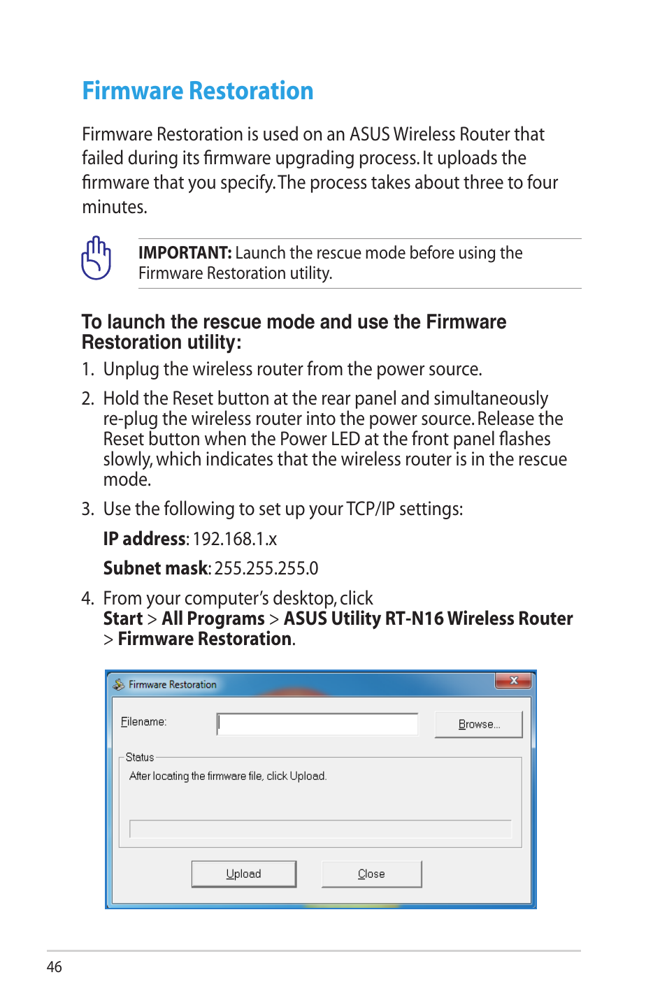 Firmware restoration | Asus RT-N16 User Manual | Page 46 / 69