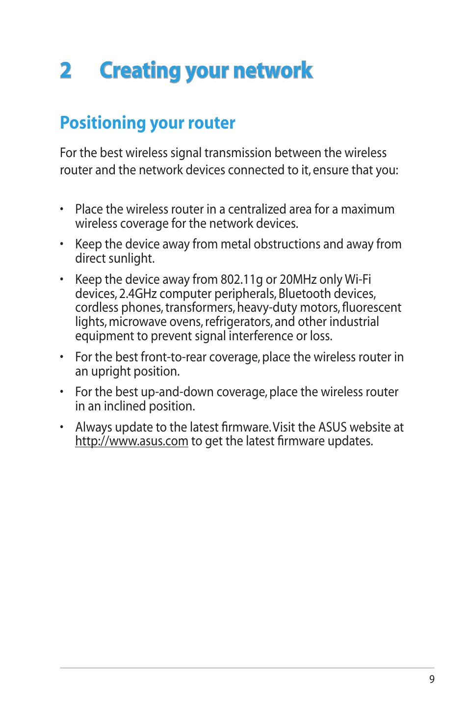 2 creating your network, Positioning your router | Asus RT-N16 User Manual | Page 9 / 69