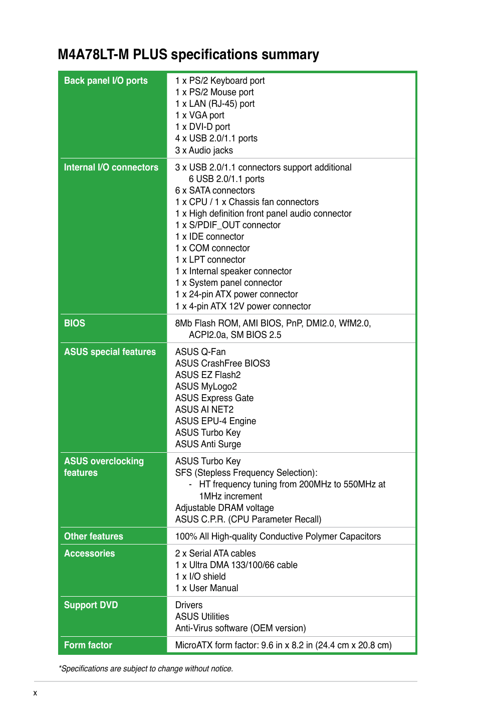 M4a78lt-m plus specifications summary | Asus M4A78LT-M PLUS User Manual | Page 10 / 64