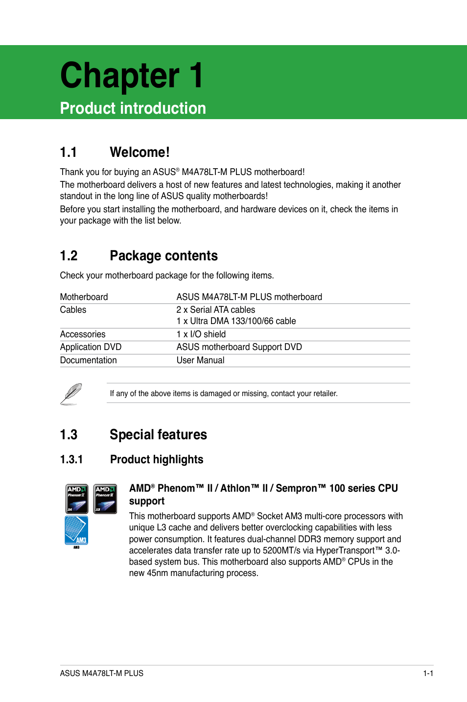 Chapter 1, Product introduction, 1 welcome | 2 package contents, 3 special features, 1 product highlights, Welcome! -1, Package contents -1, Special features -1 1.3.1, Product highlights -1 | Asus M4A78LT-M PLUS User Manual | Page 11 / 64