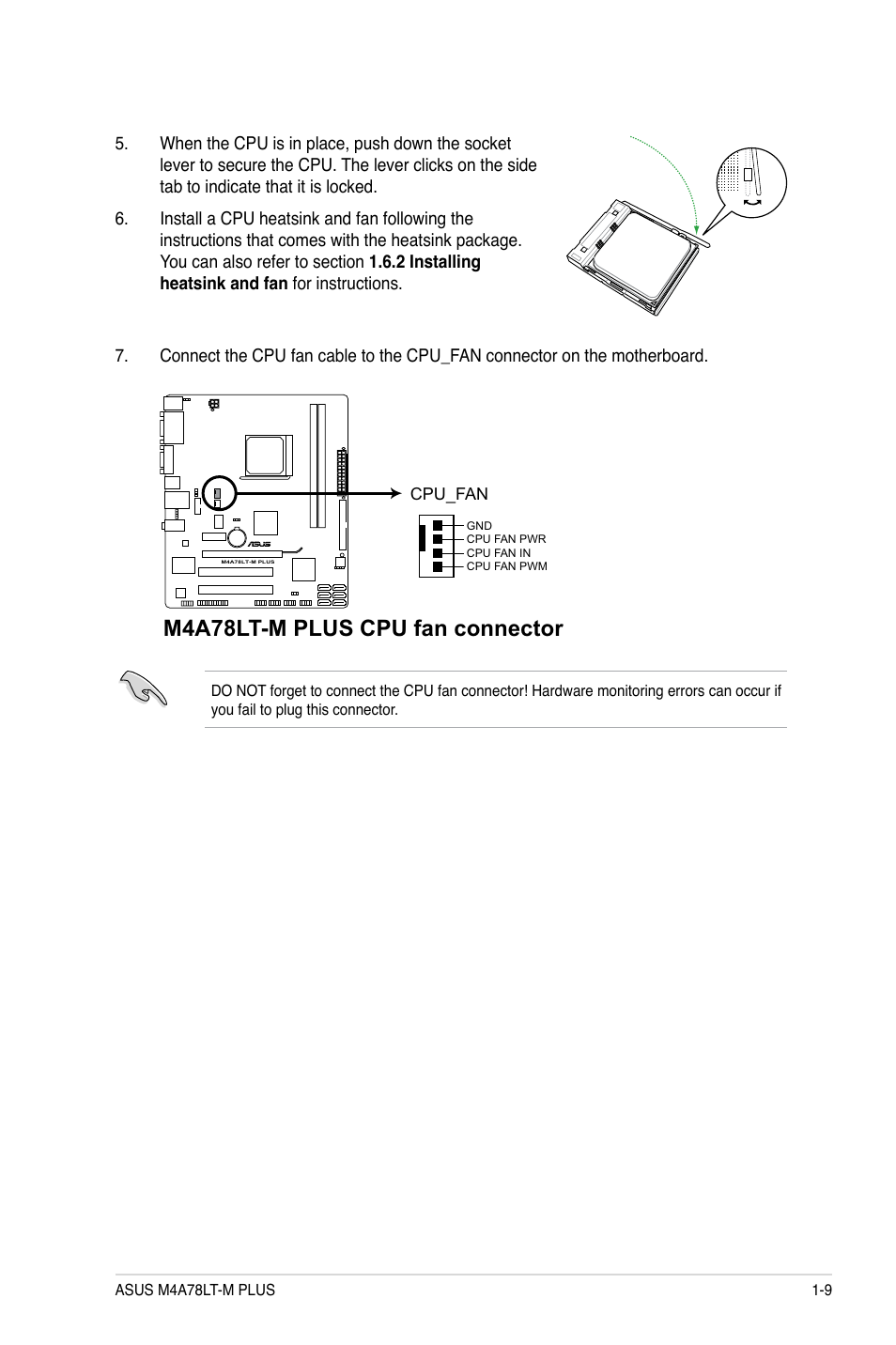 M4a78lt-m plus cpu fan connector | Asus M4A78LT-M PLUS User Manual | Page 19 / 64