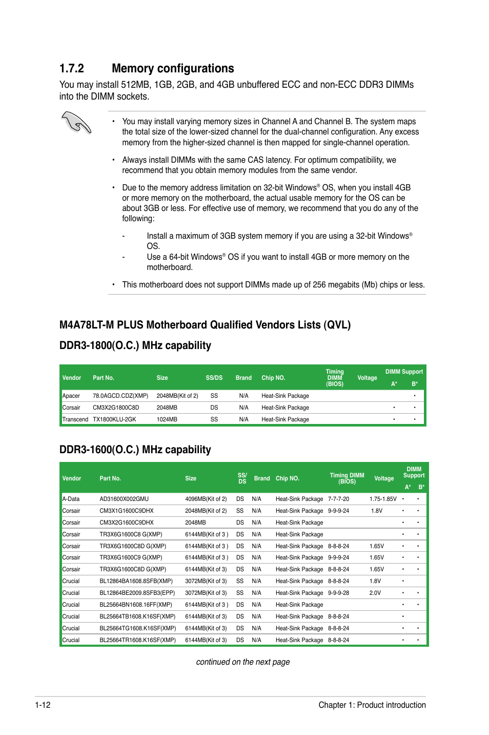 2 memory configurations, Memory configurations -12, Continued on the next page | Asus M4A78LT-M PLUS User Manual | Page 22 / 64