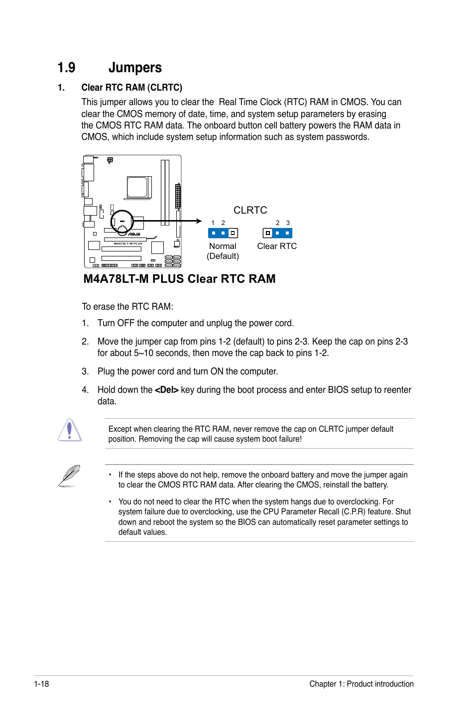 9 jumpers, Jumpers -18, M4a78lt-m plus clear rtc ram | Asus M4A78LT-M PLUS User Manual | Page 28 / 64
