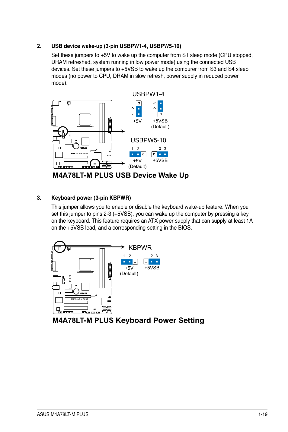 M4a78lt-m plus usb device wake up, M4a78lt-m plus keyboard power setting, Usbpw5-10 | Usbpw1-4, Kbpwr | Asus M4A78LT-M PLUS User Manual | Page 29 / 64