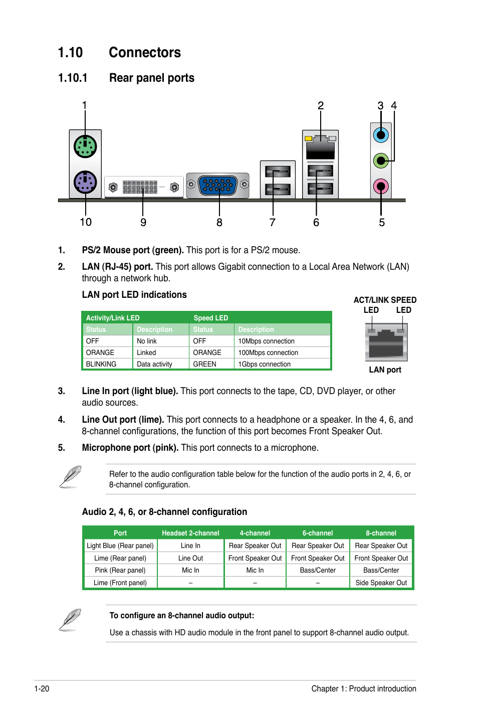10 connectors, 1 rear panel ports, 10 connectors -20 | 1 rear panel ports -20 | Asus M4A78LT-M PLUS User Manual | Page 30 / 64