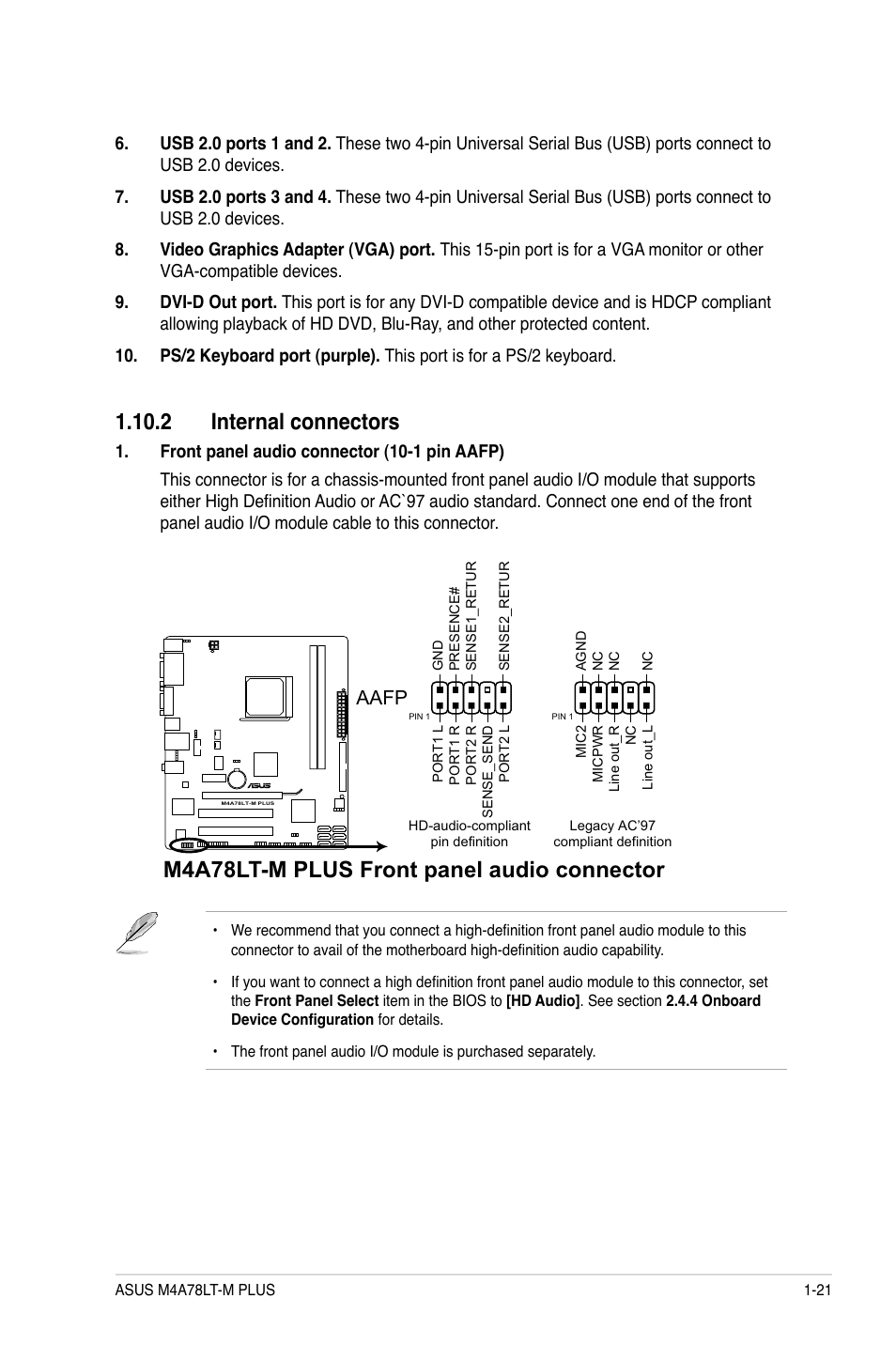2 internal connectors, 2 internal connectors -21, M4a78lt-m plus front panel audio connector | Aafp | Asus M4A78LT-M PLUS User Manual | Page 31 / 64