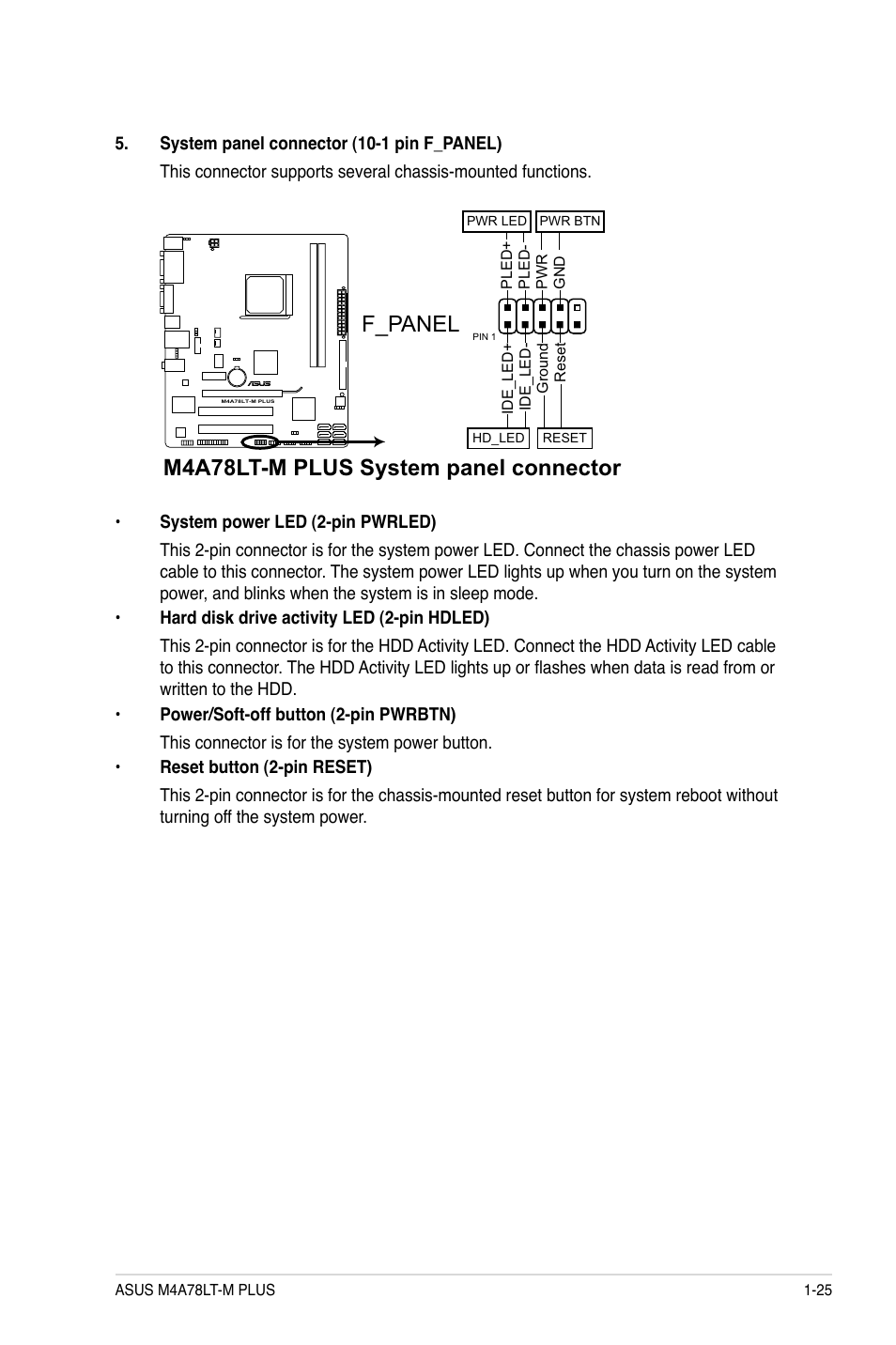 M4a78lt-m plus system panel connector, F_panel | Asus M4A78LT-M PLUS User Manual | Page 35 / 64