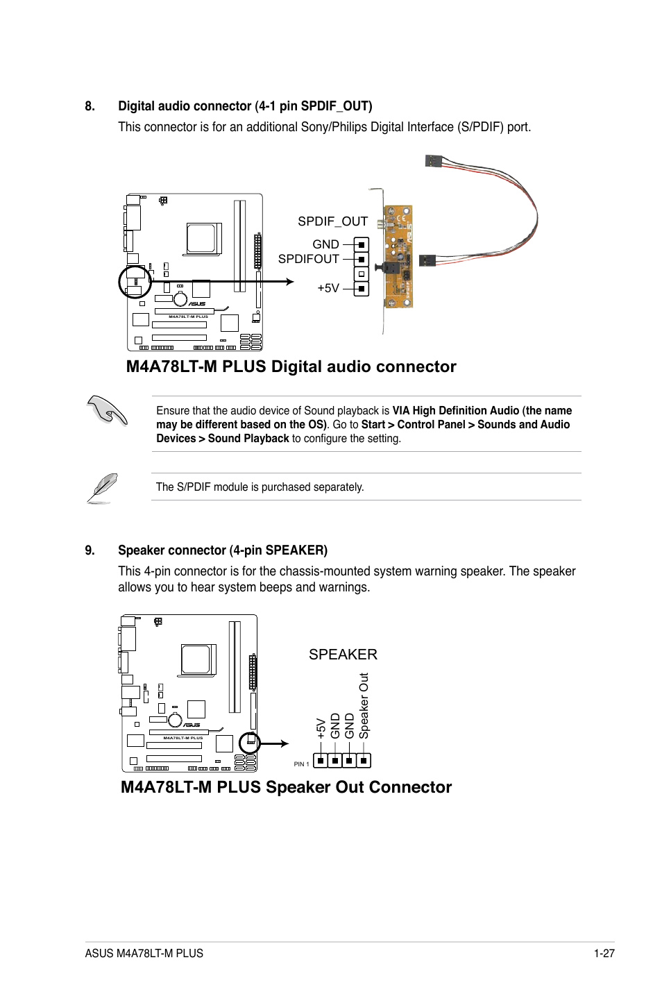 M4a78lt-m plus digital audio connector, M4a78lt-m plus speaker out connector, Speaker | Asus M4A78LT-M PLUS User Manual | Page 37 / 64