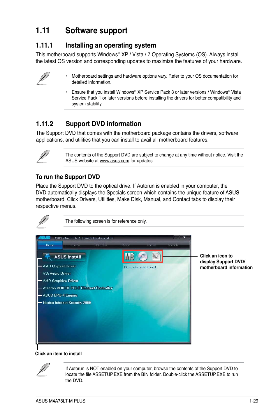 11 software support, 1 installing an operating system, 2 support dvd information | 11 software support -29 | Asus M4A78LT-M PLUS User Manual | Page 39 / 64