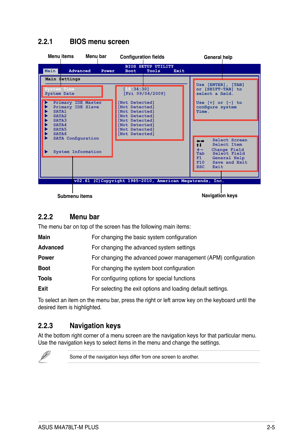 1 bios menu screen, 3 navigation keys, 2 menu bar | Bios menu screen -5, Navigation keys -5, Menu bar -5, 1 bios menu screen 2.2.2 menu bar | Asus M4A78LT-M PLUS User Manual | Page 45 / 64
