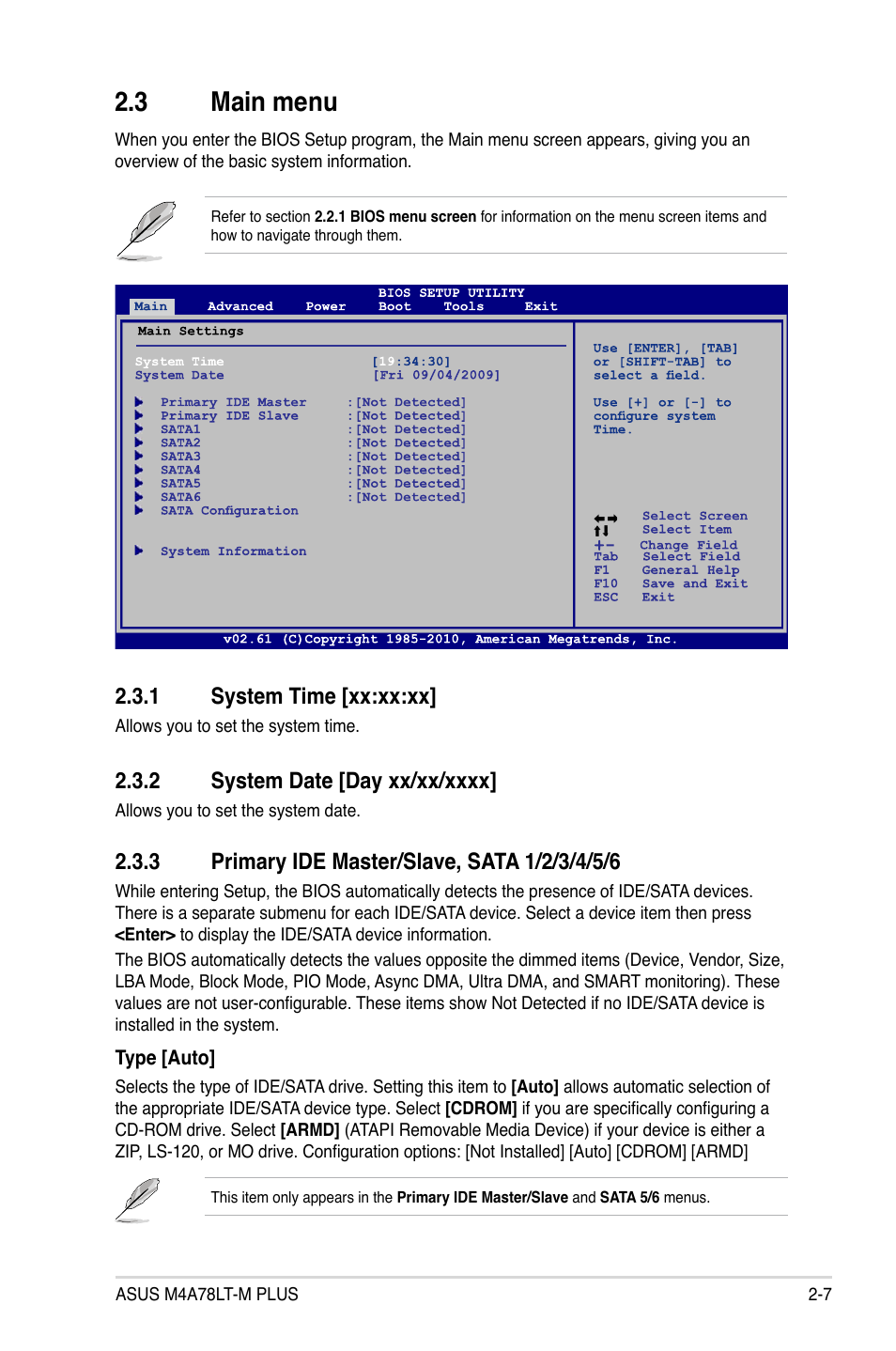3 main menu, 1 system time, 2 system date | 3 primary ide master/slave, sata 1/2/3/4/5/6, Main menu -7 2.3.1, System time -7, System date -7, Primary ide master/slave, sata 1/2/3/4/5/6 -7, 1 system time [xx:xx:xx | Asus M4A78LT-M PLUS User Manual | Page 47 / 64