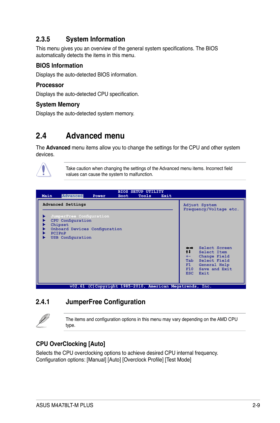 5 system information, 4 advanced menu, 1 jumperfree configuration | System information -9, Advanced menu -9 2.4.1, Jumperfree configuration -9 | Asus M4A78LT-M PLUS User Manual | Page 49 / 64