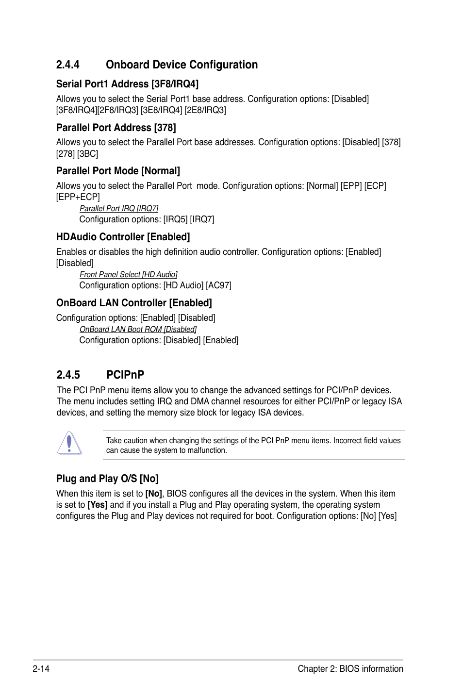 4 onboard device configuration, 5 pcipnp, 4 onboard device configuration -14 2.4.5 | Pcipnp -14 | Asus M4A78LT-M PLUS User Manual | Page 54 / 64