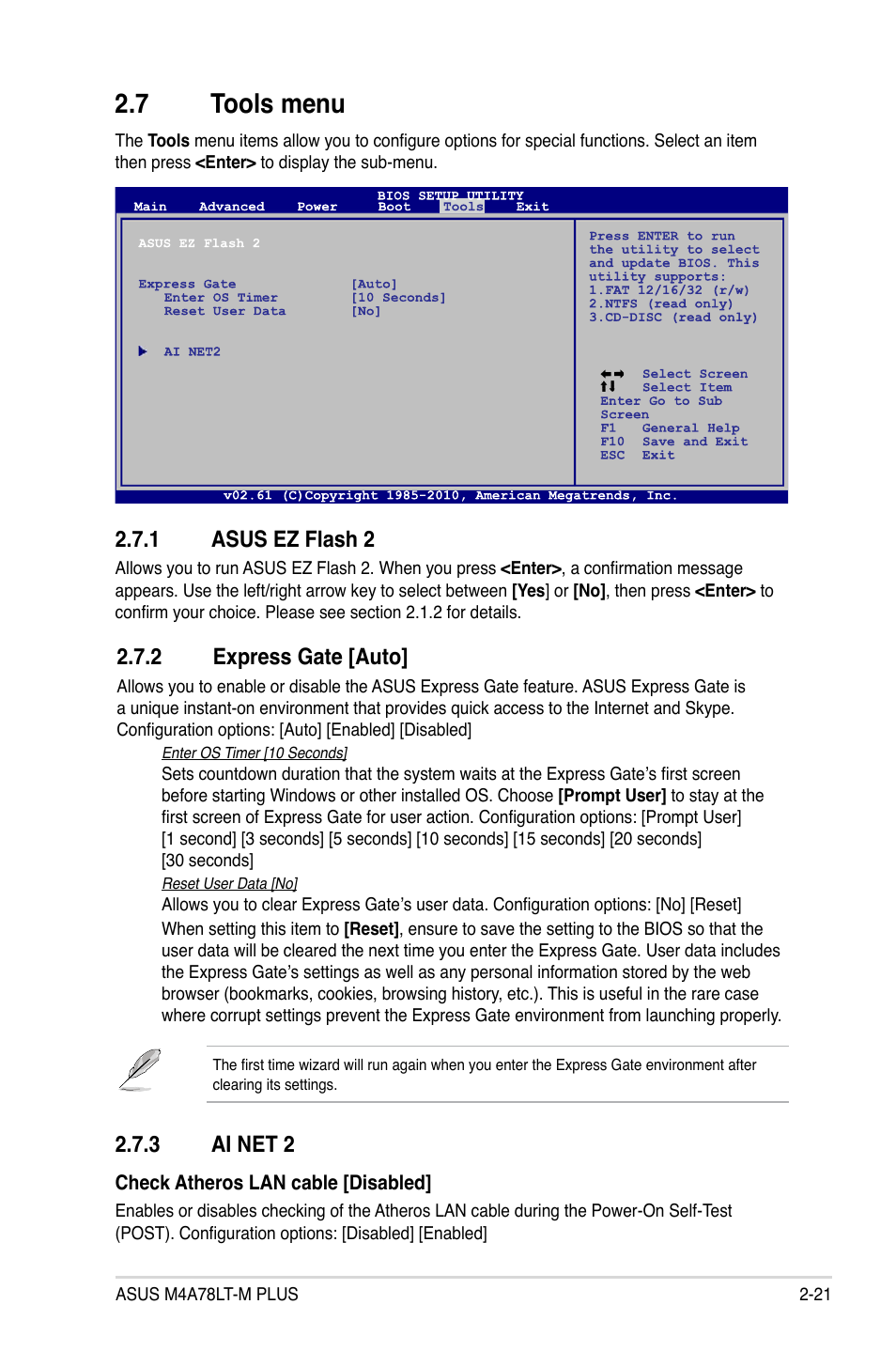 7 tools menu, 1 asus ez flash 2, 2 express gate | 3 ai net 2, Tools menu -21 2.7.1, Asus ez flash 2 -21, Express gate -21, Ai net 2 -21, 2 express gate [auto | Asus M4A78LT-M PLUS User Manual | Page 61 / 64