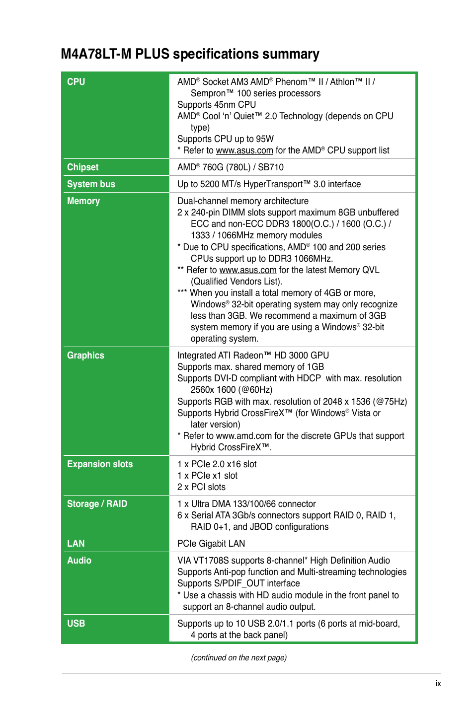 M4a78lt-m plus specifications summary | Asus M4A78LT-M PLUS User Manual | Page 9 / 64