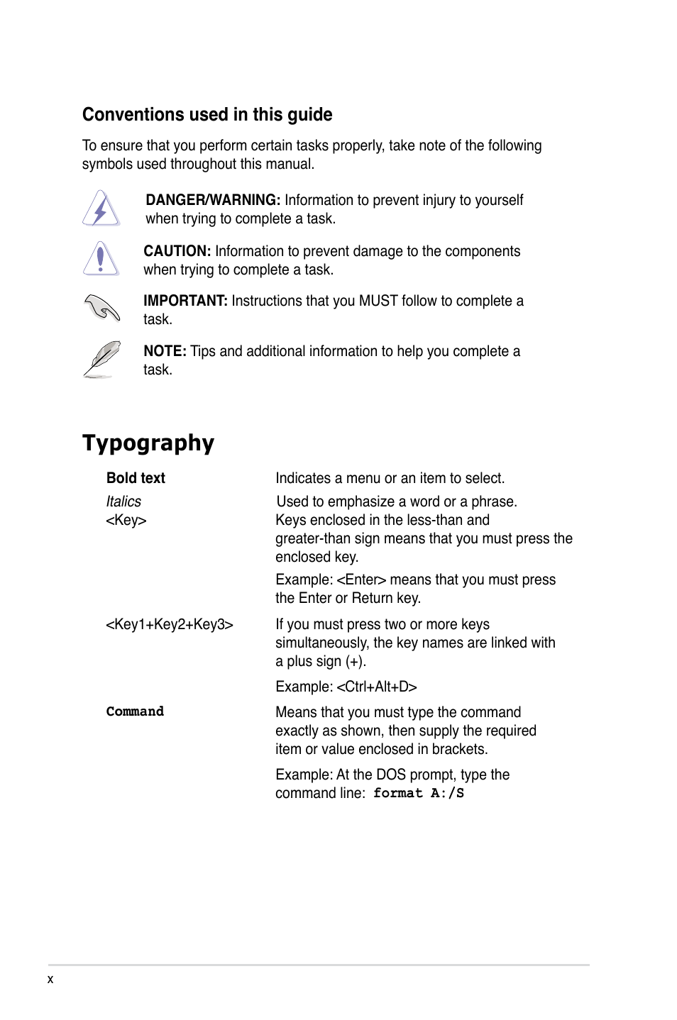 Typography, Conventions used in this guide | Asus Z8NA-D6 User Manual | Page 10 / 168