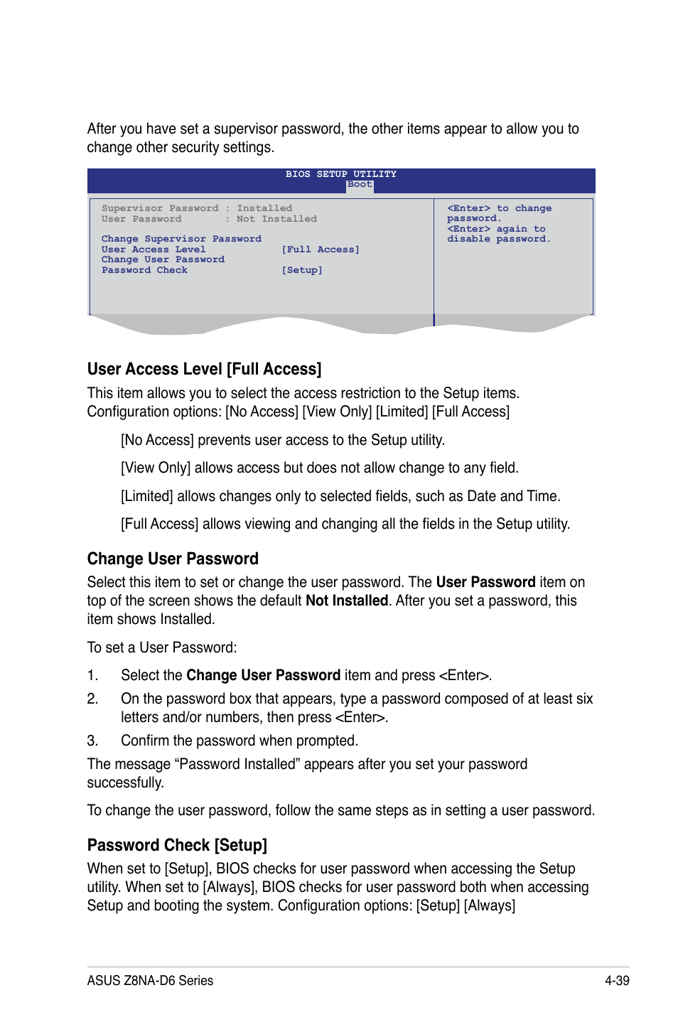 User access level [full access, Change user password, Password check [setup | Asus Z8NA-D6 User Manual | Page 101 / 168