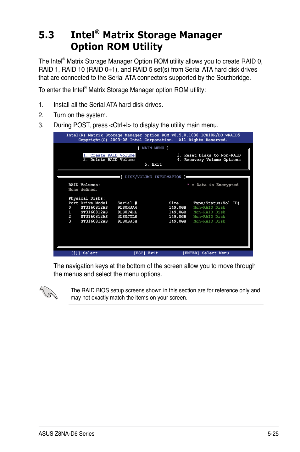 3 intel, Matrix storage manager option rom utility, The intel | Asus Z8NA-D6 User Manual | Page 127 / 168