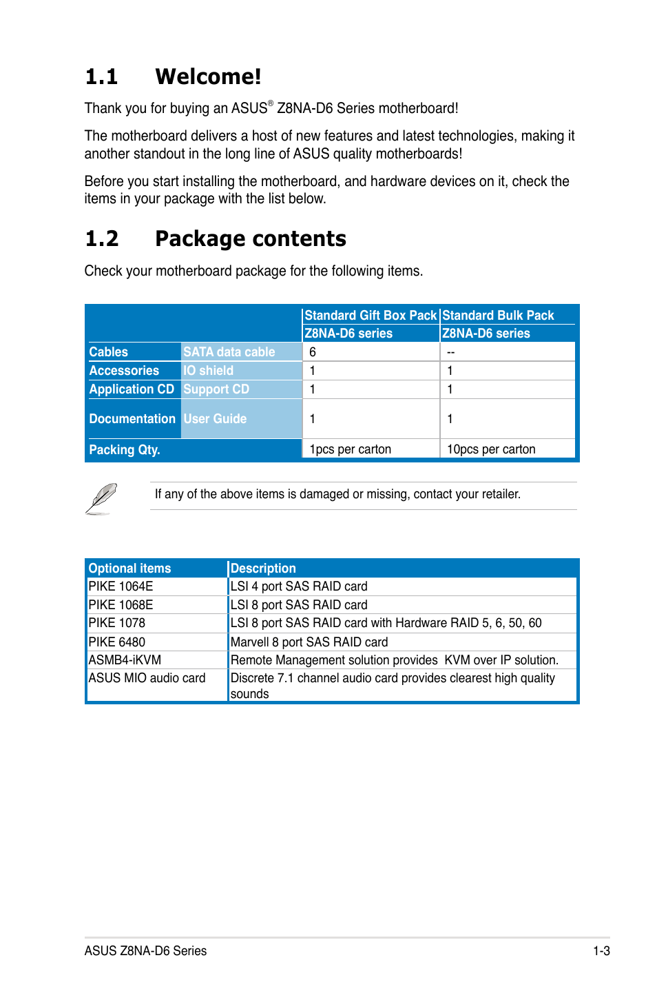 1 welcome, 2 package contents | Asus Z8NA-D6 User Manual | Page 17 / 168