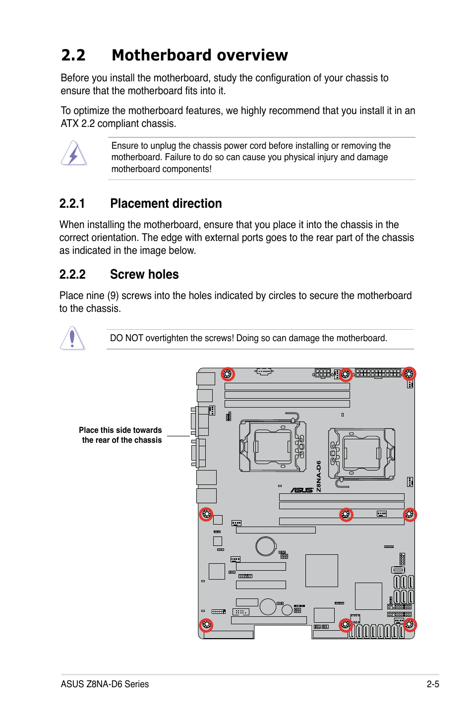2 motherboard overview, 1 placement direction, 2 screw holes | Asus Z8NA-D6 User Manual | Page 25 / 168