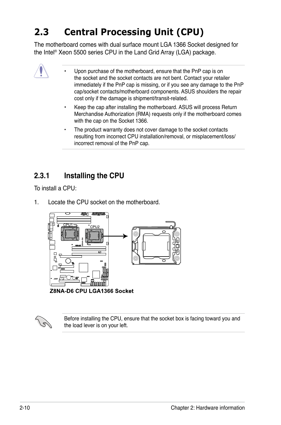 3 central processing unit (cpu), 1 installing the cpu | Asus Z8NA-D6 User Manual | Page 30 / 168