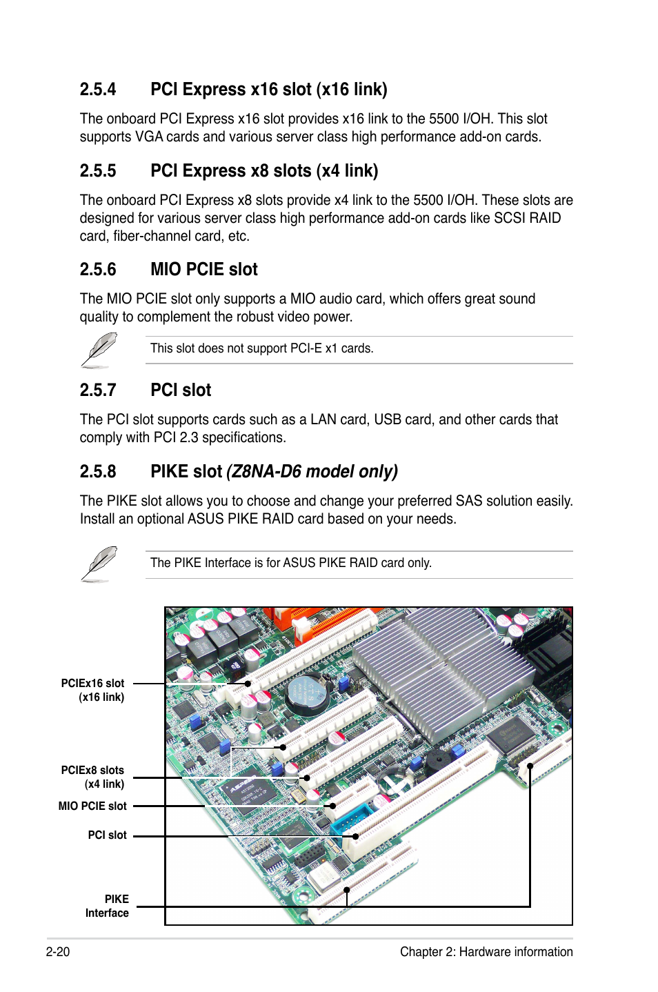 5 pci express x8 slots (x4 link), 6 mio pcie slot, 7 pci slot | 8 pike slot (z8na-d6 model only) | Asus Z8NA-D6 User Manual | Page 40 / 168